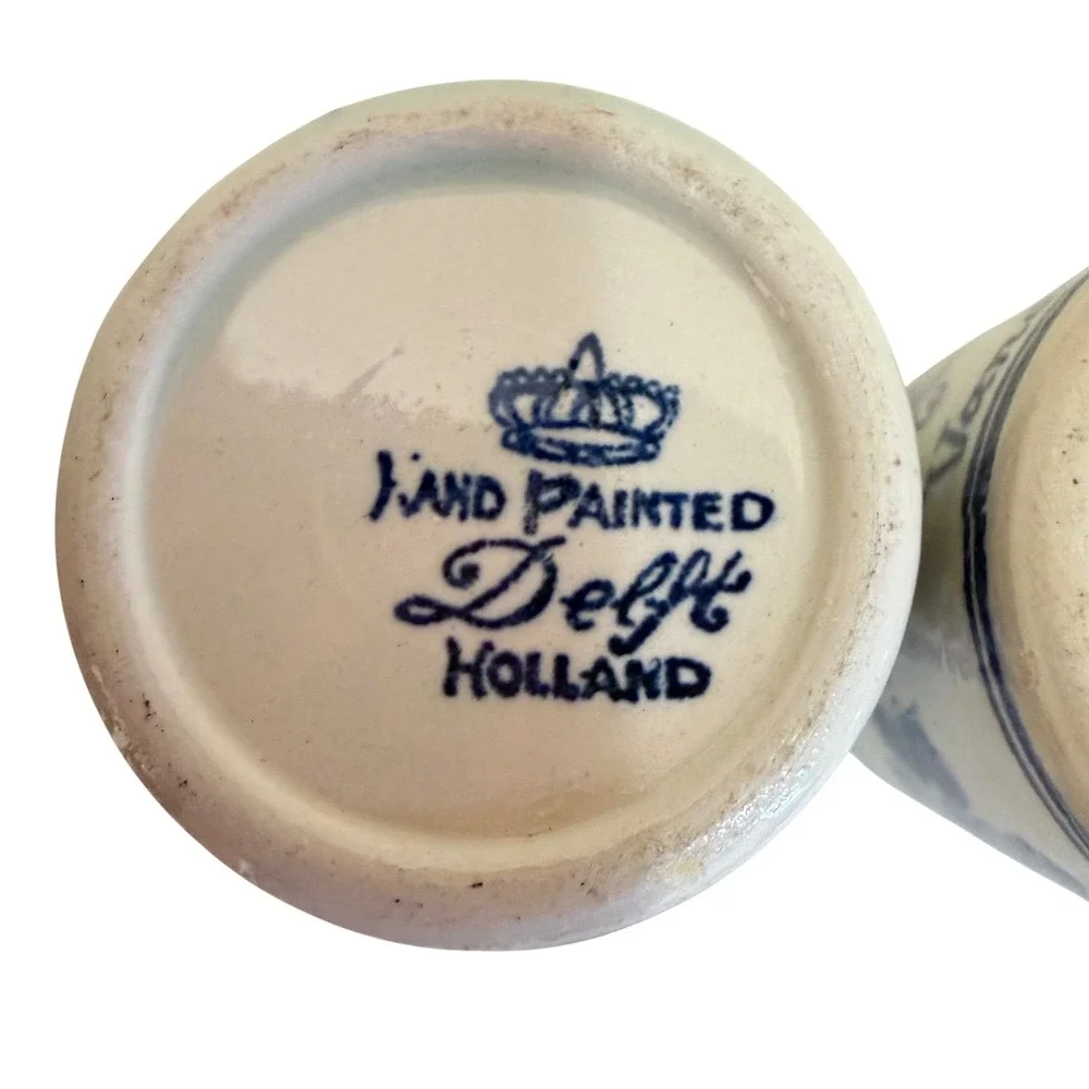 Delft Shot Glasses Set of 2 Blue White Hand Painted Holland Windmill Ceramic